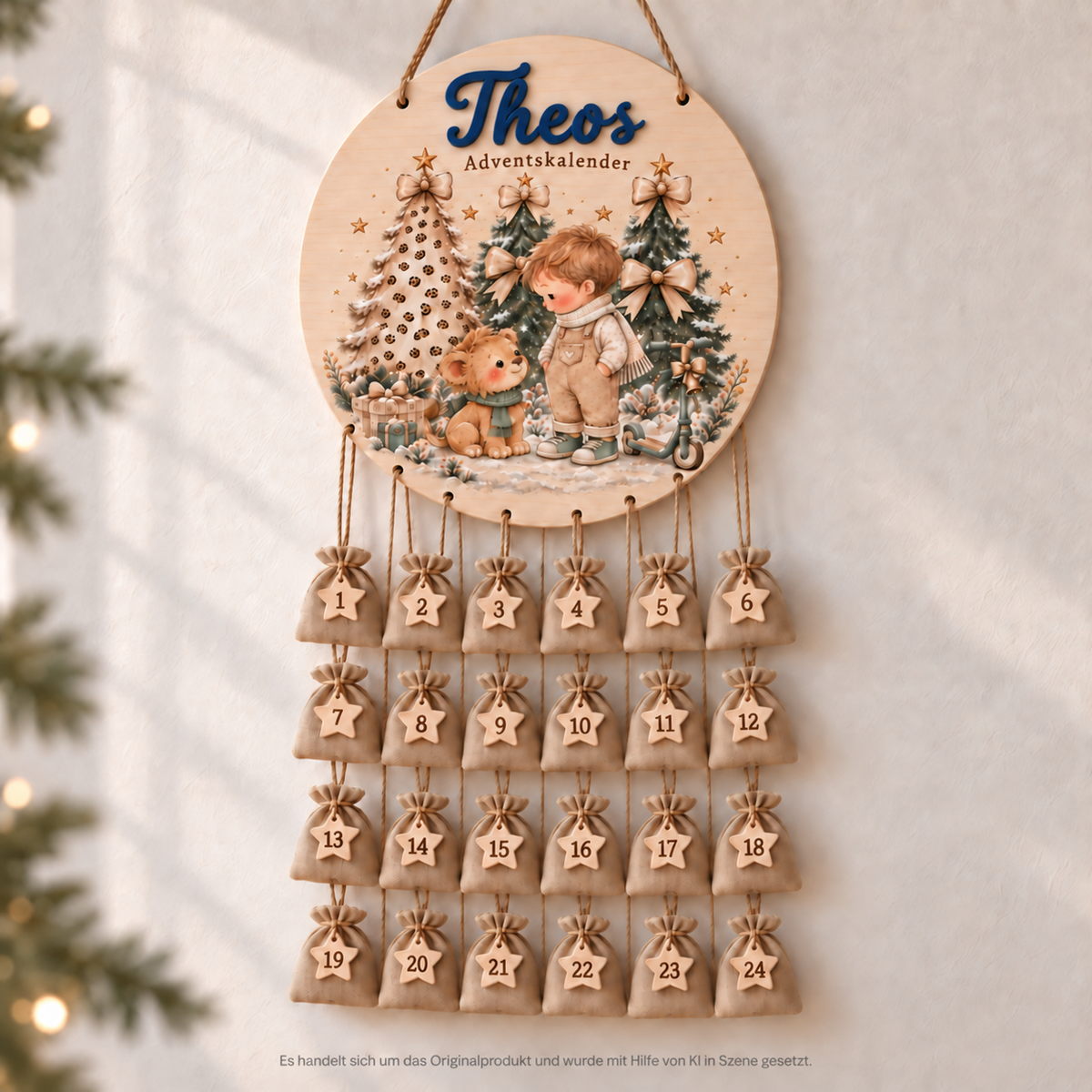 Originalprodukt: Theos Adventskalender aus Holz mit Löwenmotiv und Säckchen – mit Hilfe von KI in Szene gesetzt