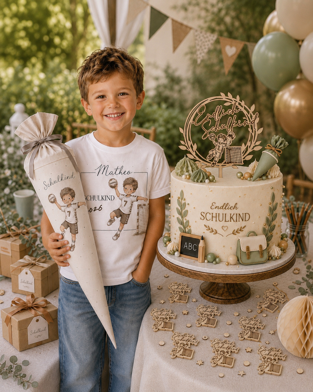 Caketopper Handball zur Einschulung – Endlich Schulkind aus Holz