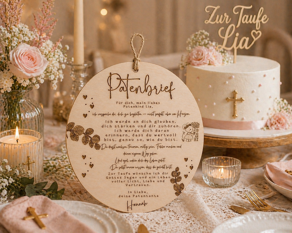 Personalisierter Patenbrief aus Holz rund – Versprechen an das Patenkind