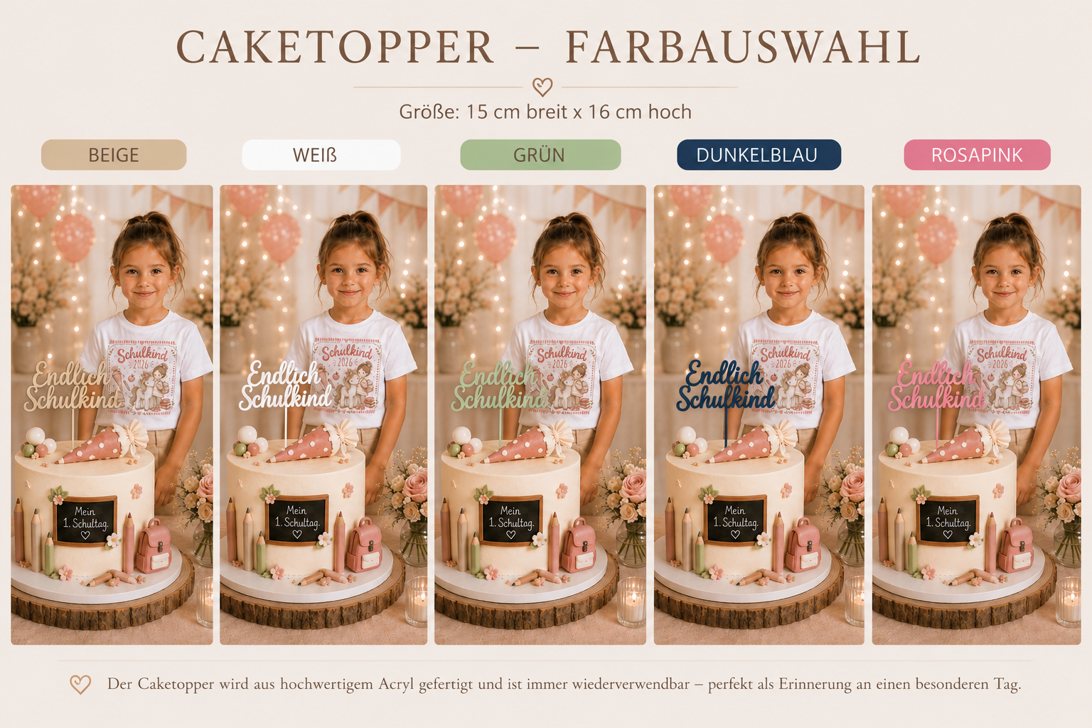 Caketopper „Endlich Schulkind“ aus PLA – Tortenstecker zur Einschulung