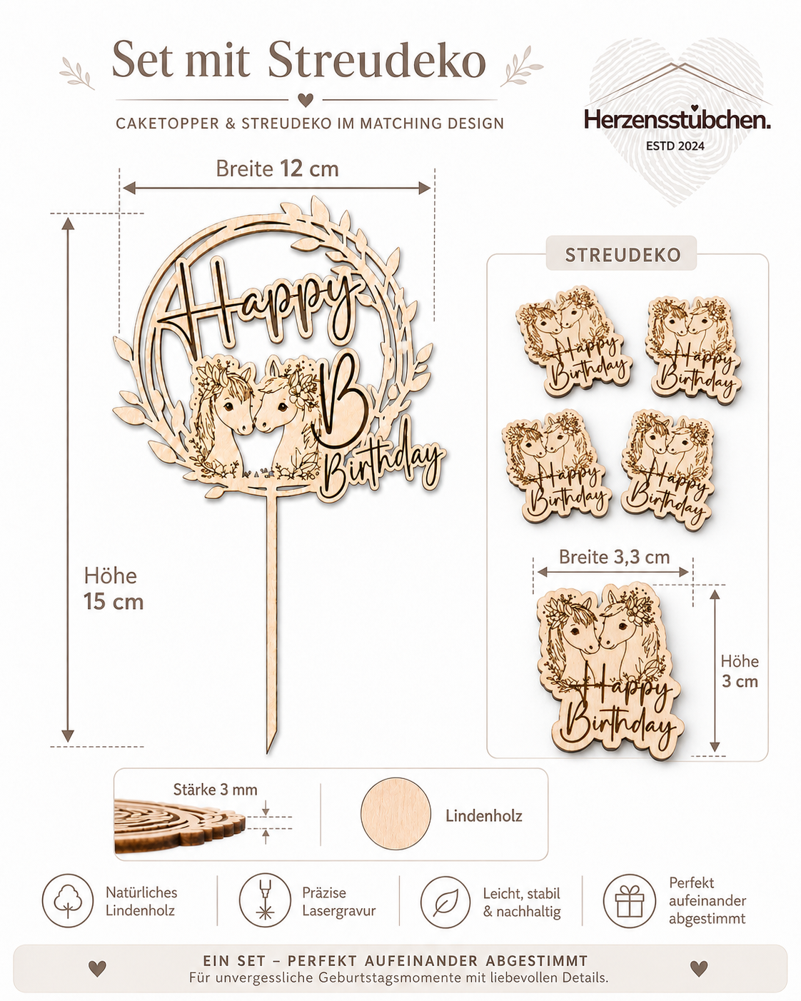 Caketopper Pferde aus Holz – Tortendeko für Kindergeburtstag, Pferdegeburtstag & Zwillingsmädchen