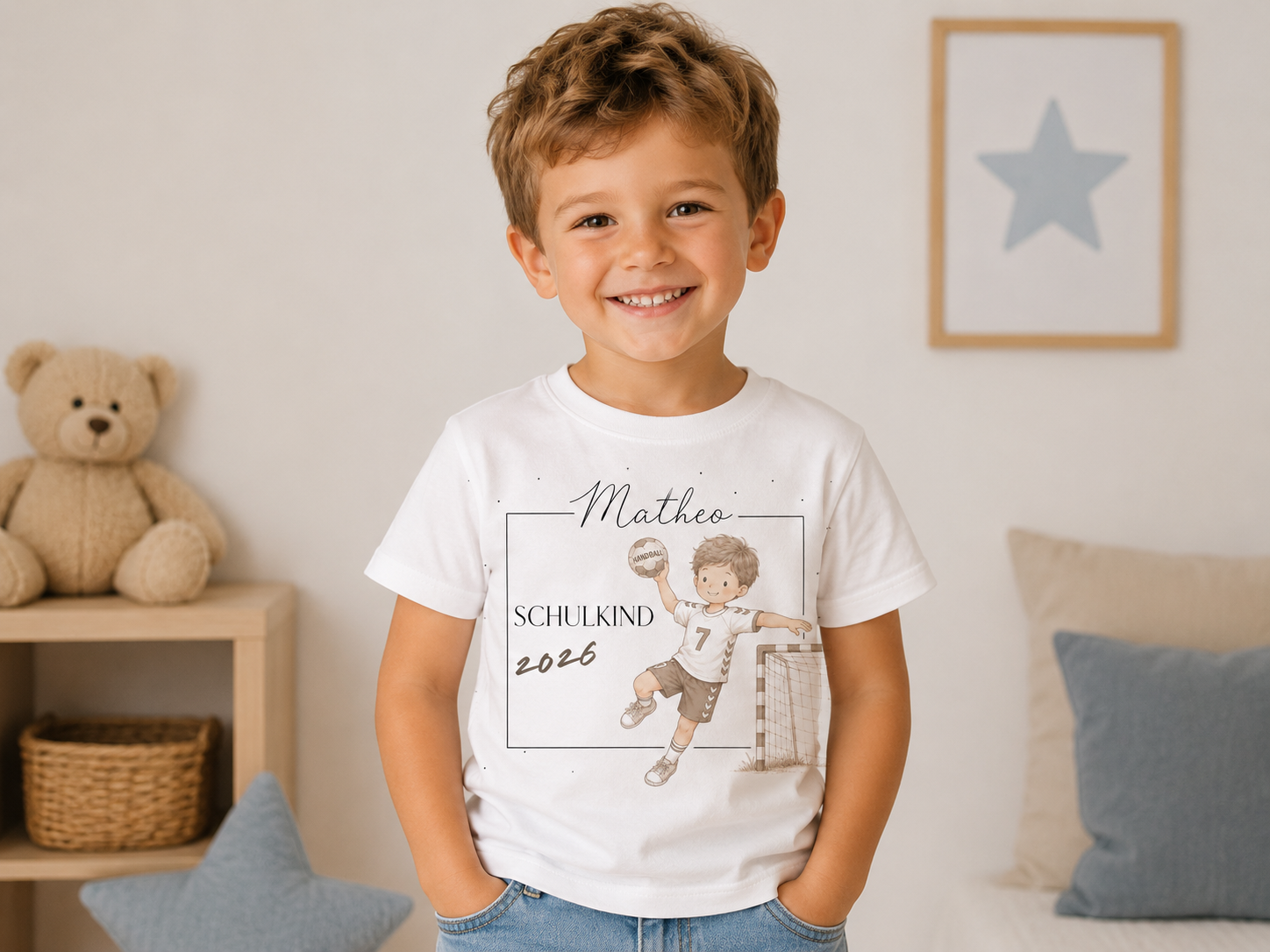Personalisiertes Einschulungs-T-Shirt „Endlich Schulkind 2026“ – Handball Motiv mit Wunschname