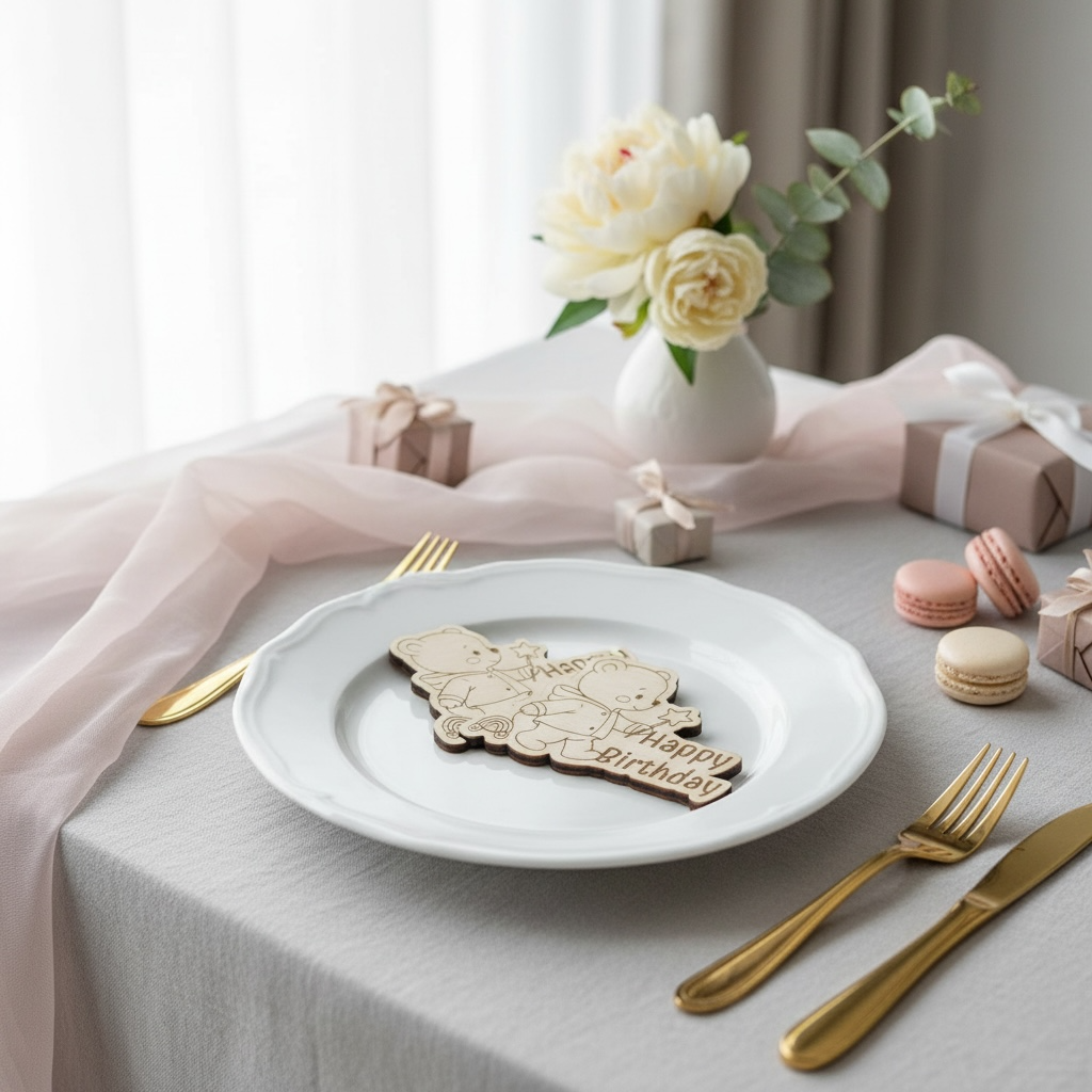 Streudeko Kindergeburtstag aus Holz im 5er Set mit Bärenmotiv und Happy Birthday Schriftzug für den Geburtstagstisch