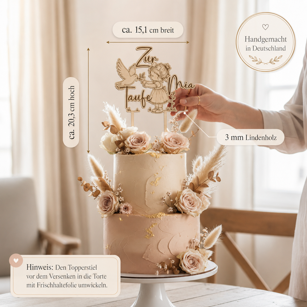 Caketopper Taufe Holz personalisiert mit Namen – Tortenstecker zur Taufe