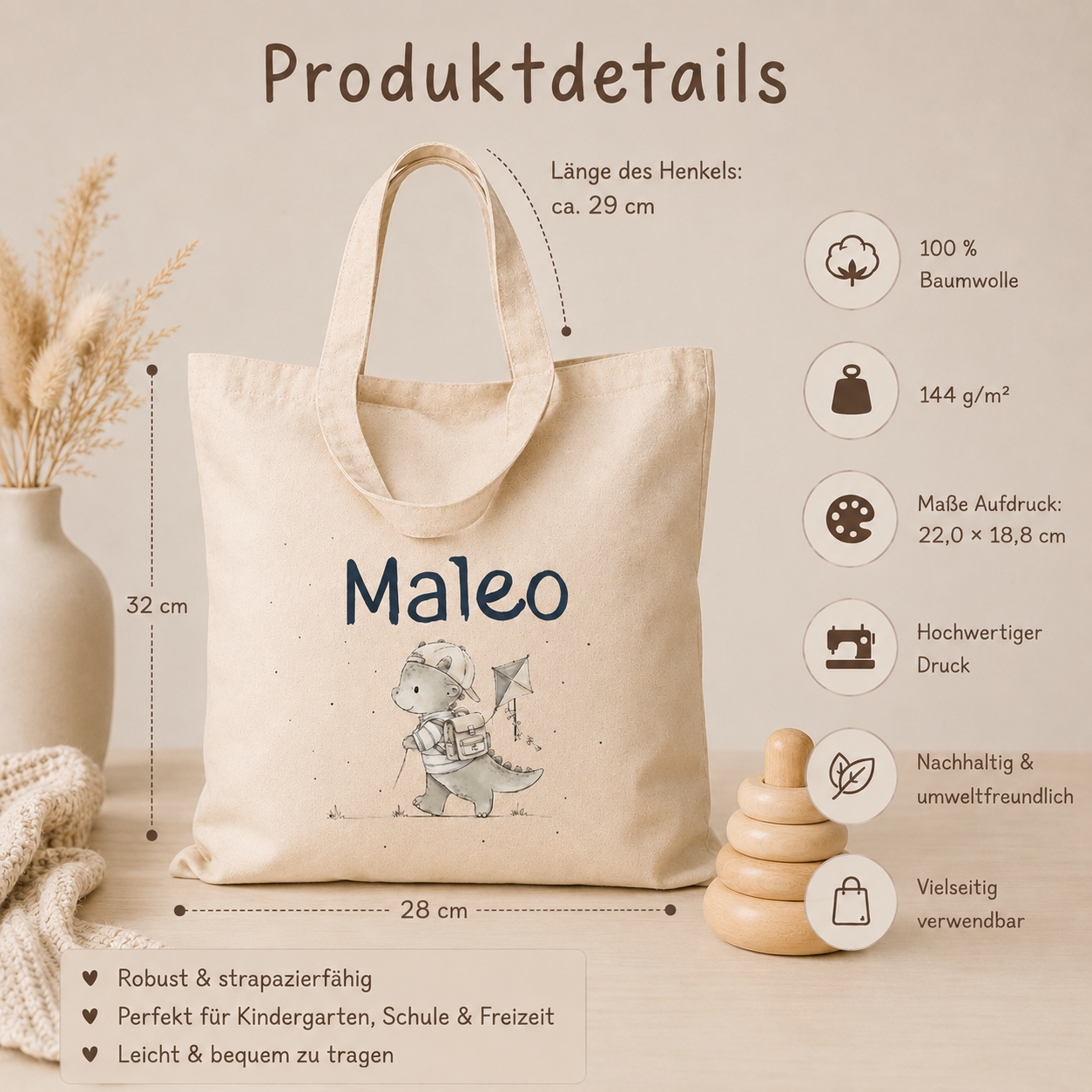Personalisierte Kinder Stofftasche mit Namen | Baumwolltasche für Kindergarten & Schule