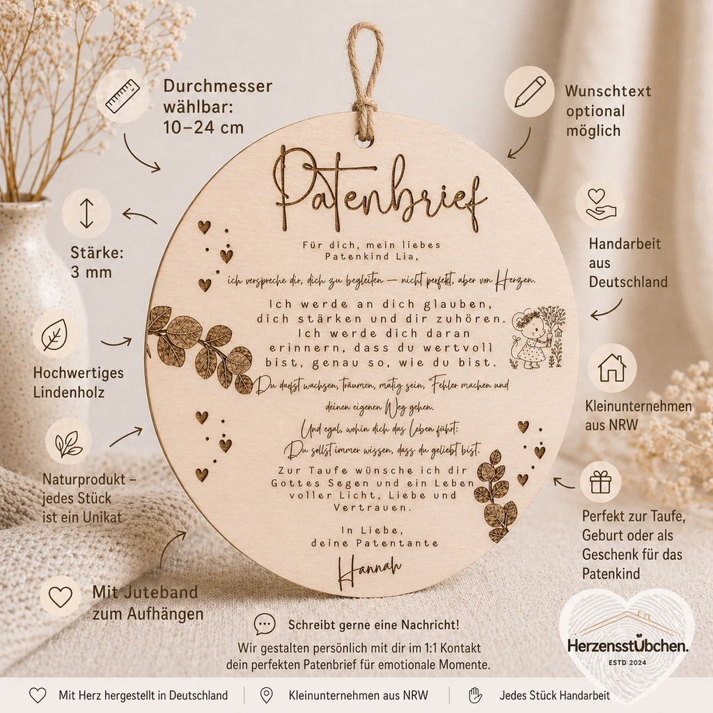 Personalisierter Patenbrief aus Holz rund – Versprechen an das Patenkind