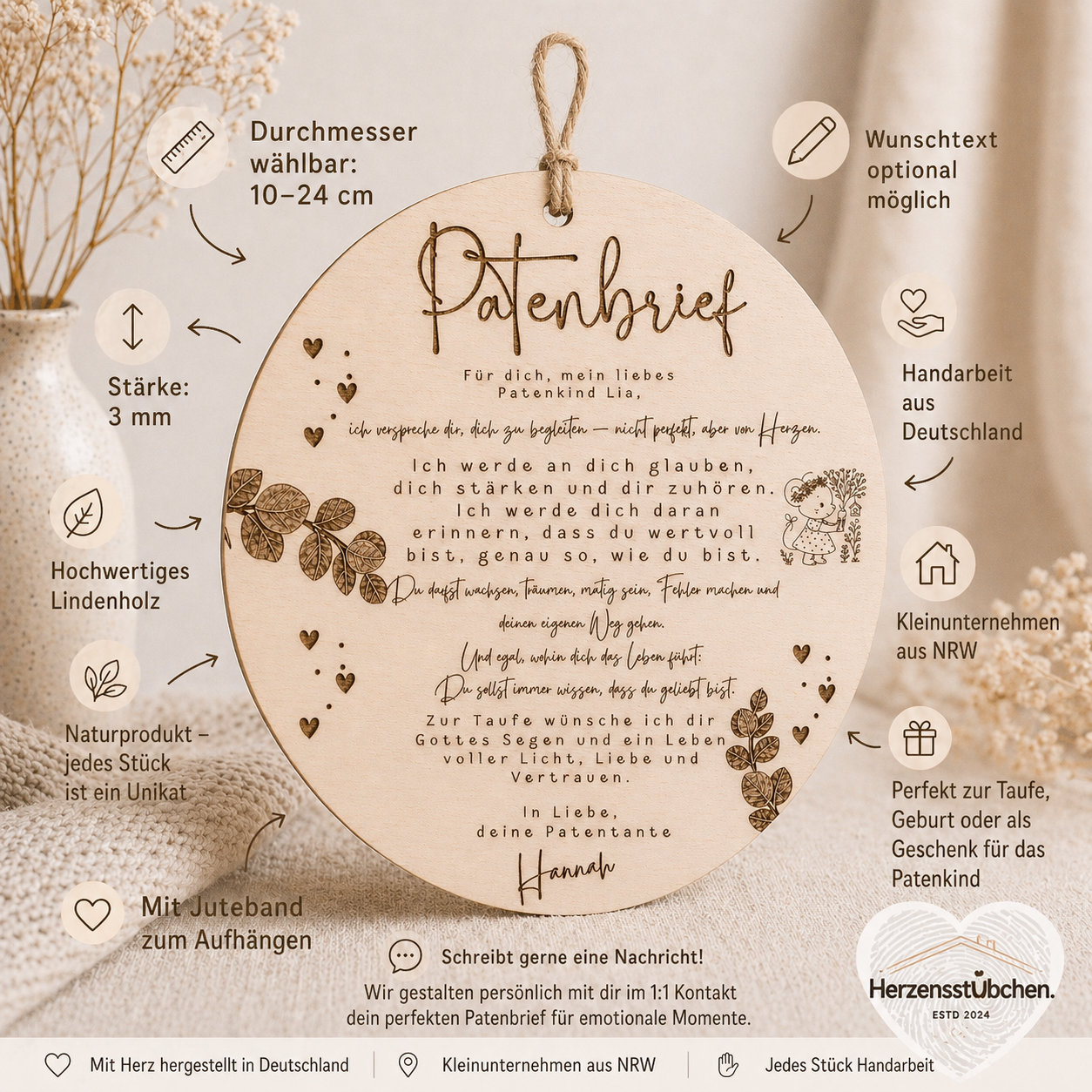 Personalisierter Patenbrief aus Holz rund – Versprechen an das Patenkind