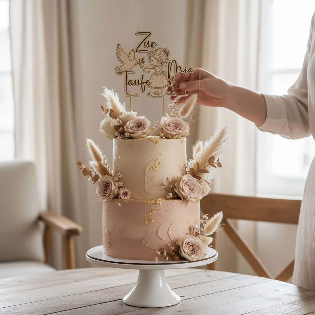 Caketopper Taufe Holz personalisiert mit Namen – Tortenstecker zur Taufe