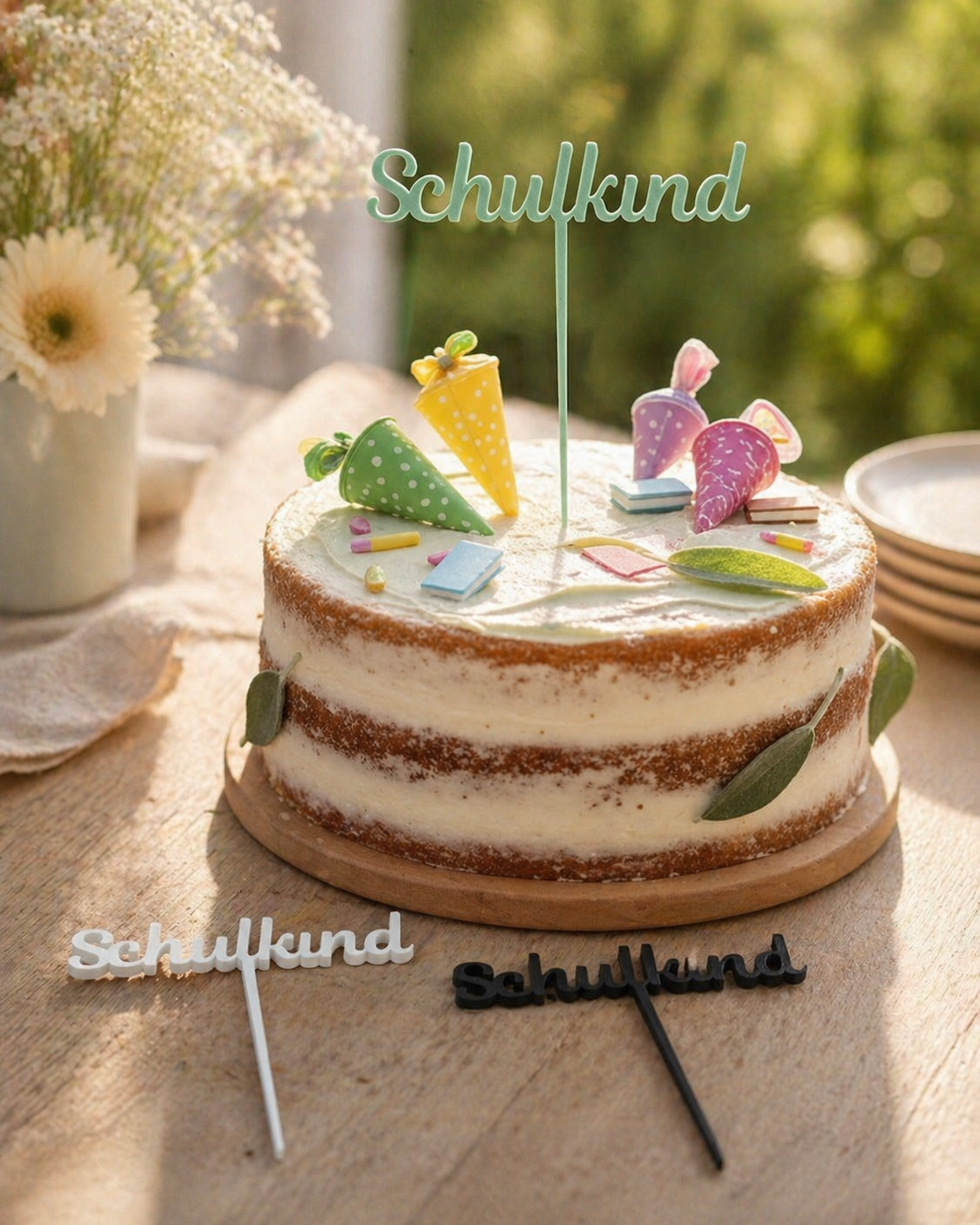 Caketopper Schulkind auf Einschulungstorte mit Schulranzen und Boho-Dekoration