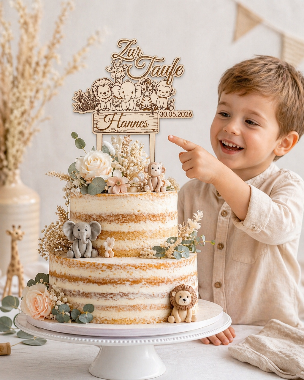 Caketopper Arche Noah / Tiere zur Taufe personalisiert mit Name & Datum aus Holz
