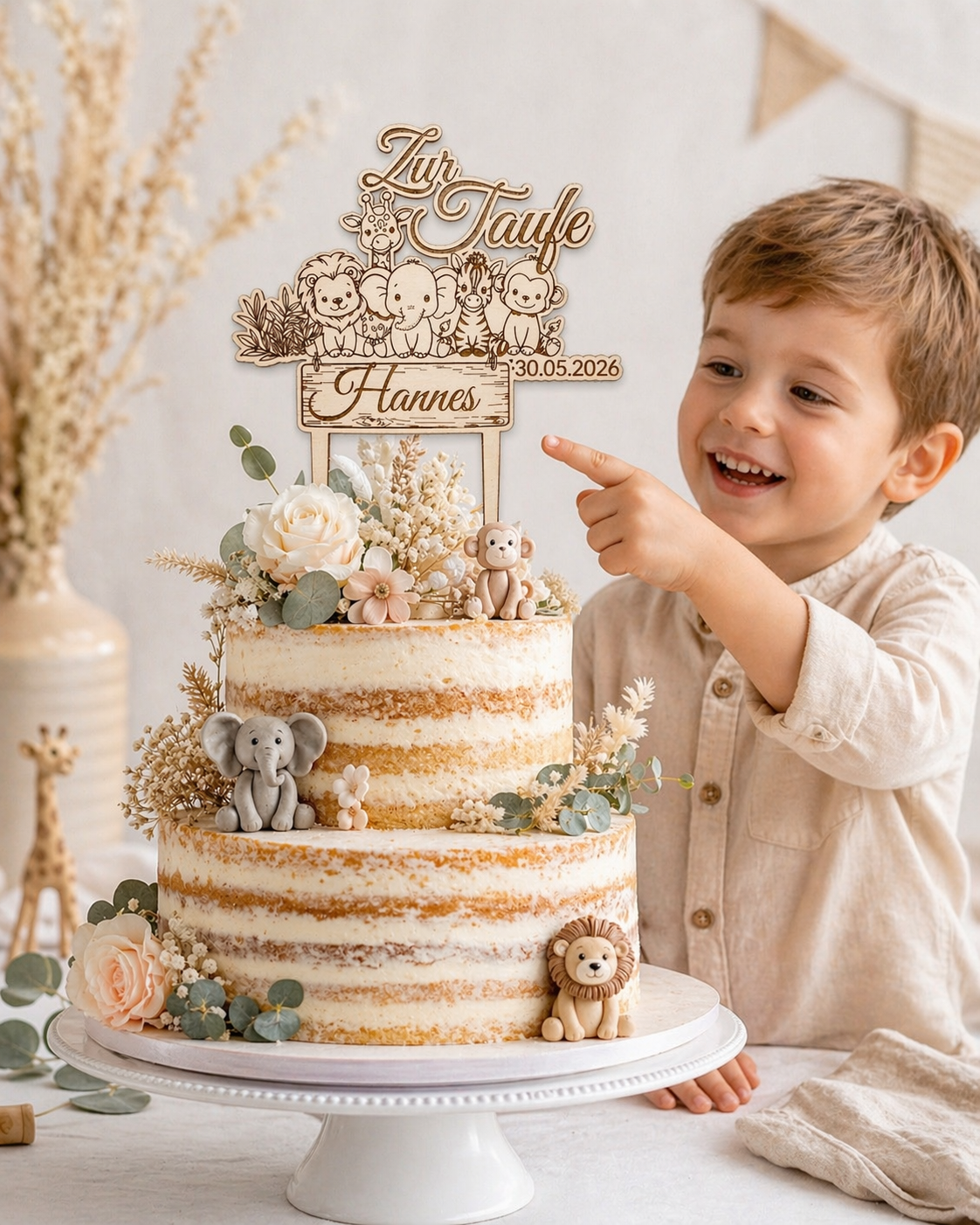 Caketopper Arche Noah / Tiere zur Taufe personalisiert mit Name & Datum aus Holz