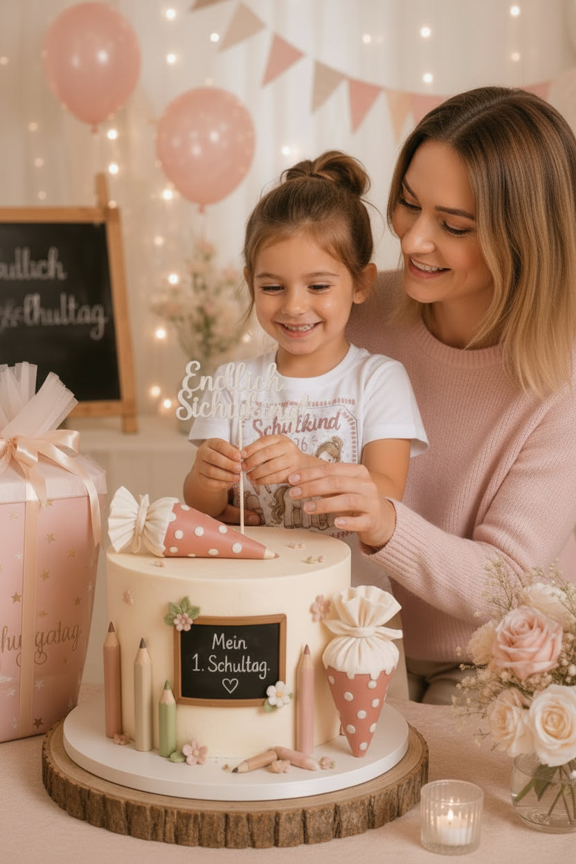 Mama und Kind verzieren die Torte 
