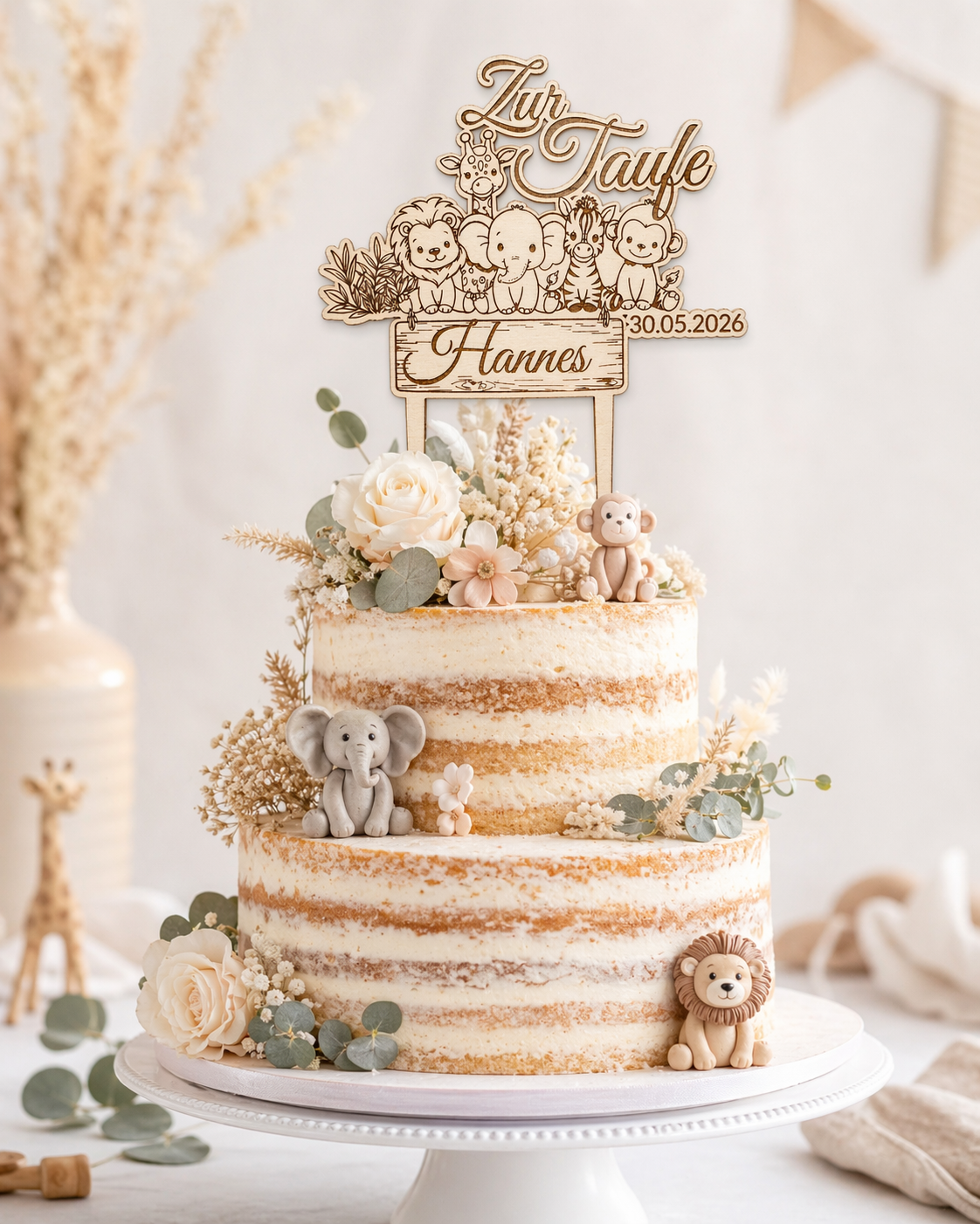 Caketopper zur Taufe Arche Noah mit Tieren, Name und Datum als Tortendeko aus Holz