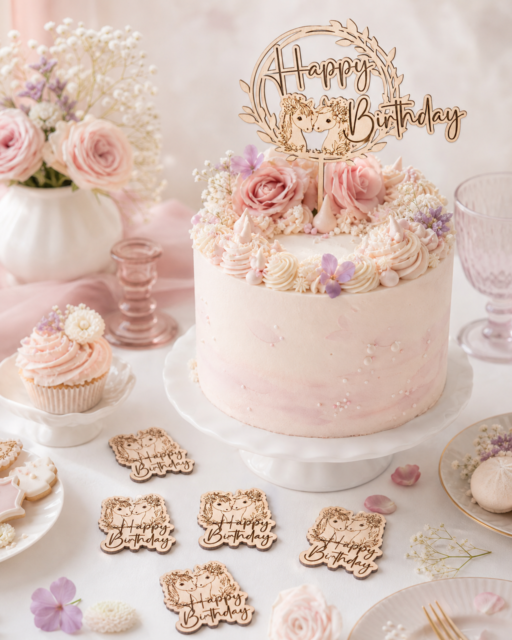 Caketopper Pferde aus Holz – Tortendeko für Kindergeburtstag, Pferdegeburtstag & Zwillingsmädchen