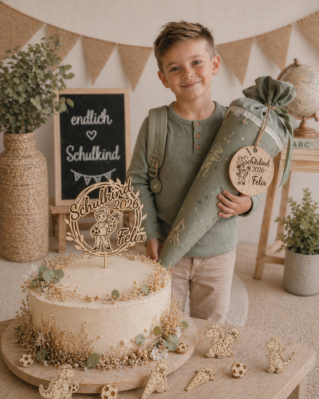 Caketopper Einschulung personalisiert aus Holz mit Name – Schulkind 2026