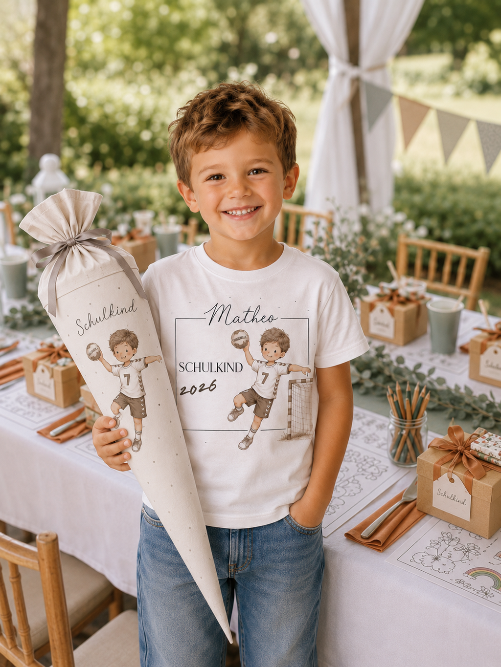 Personalisiertes Einschulungs-T-Shirt „Endlich Schulkind 2026“ – Handball Motiv mit Wunschname