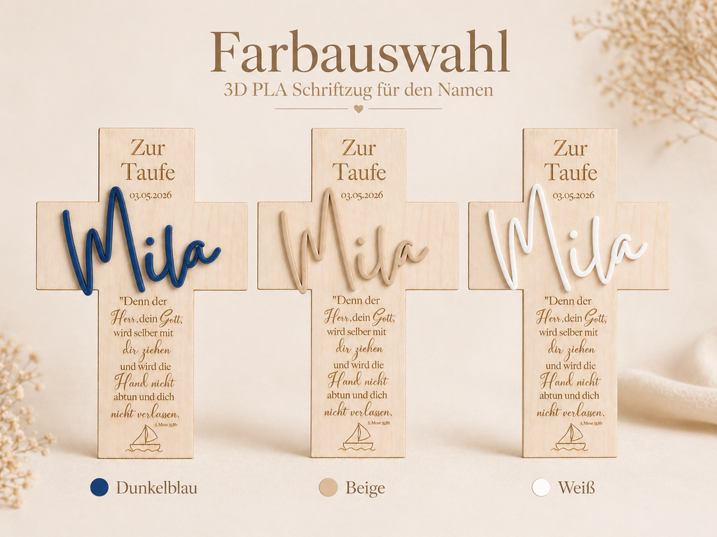 Personalisiertes Holzkreuz mit 3D Namen – Segenskreuz zur Taufe, Kommunion & Konfirmation