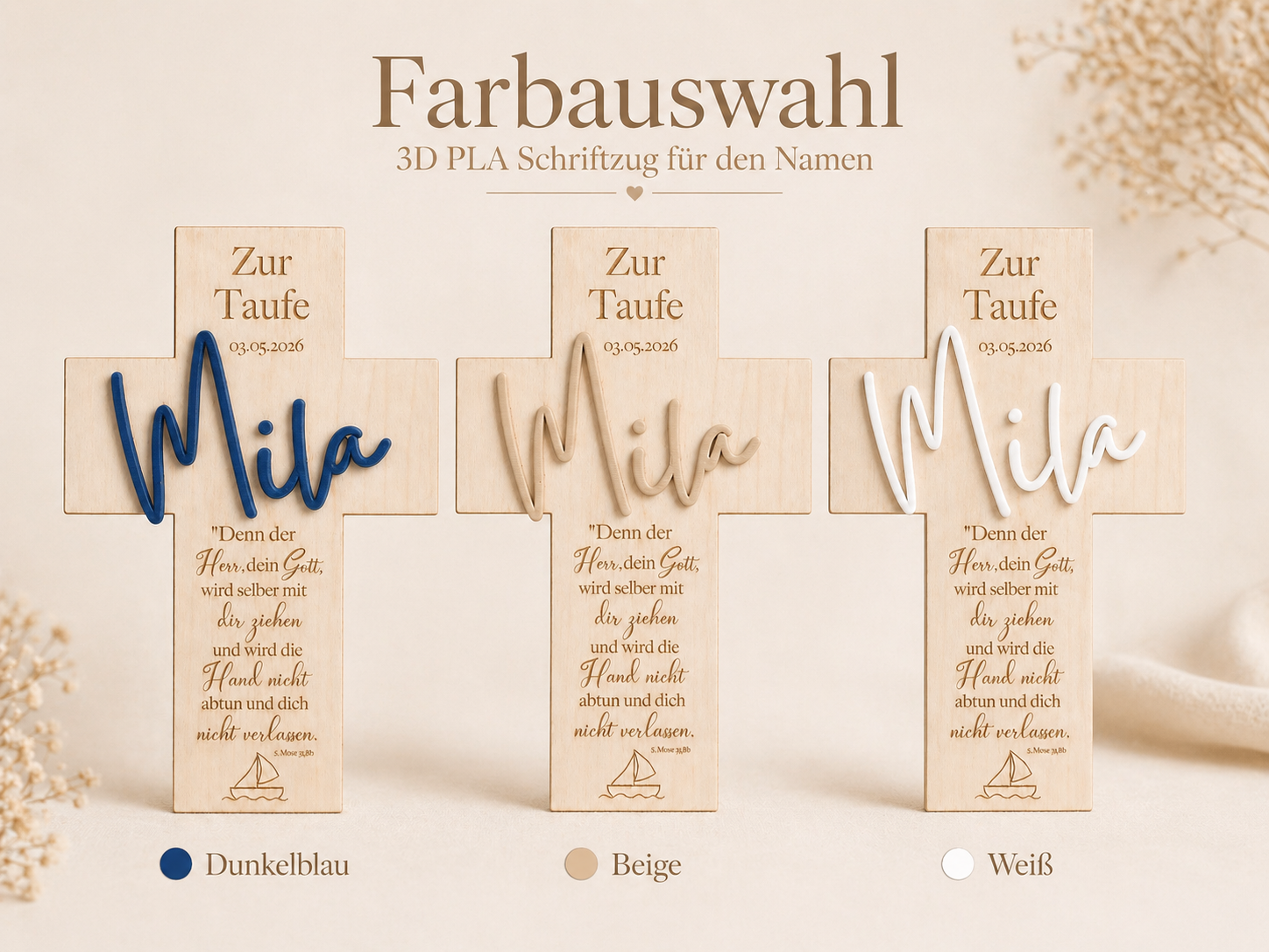 Personalisiertes Holzkreuz mit 3D Namen – Segenskreuz zur Taufe, Kommunion & Konfirmation