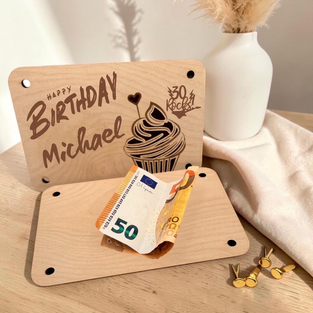 Personalisierte Geldgeschenkverpackung aus Holz für runde Geburtstage – mit Name & Wunschalter
