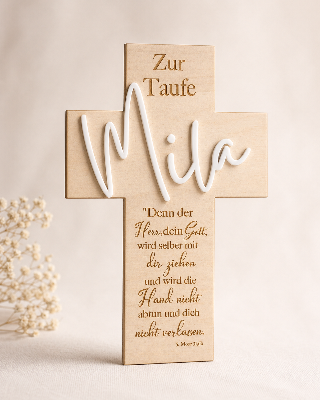 Personalisiertes Holzkreuz mit 3D Namen – Segenskreuz zur Taufe, Kommunion & Konfirmation