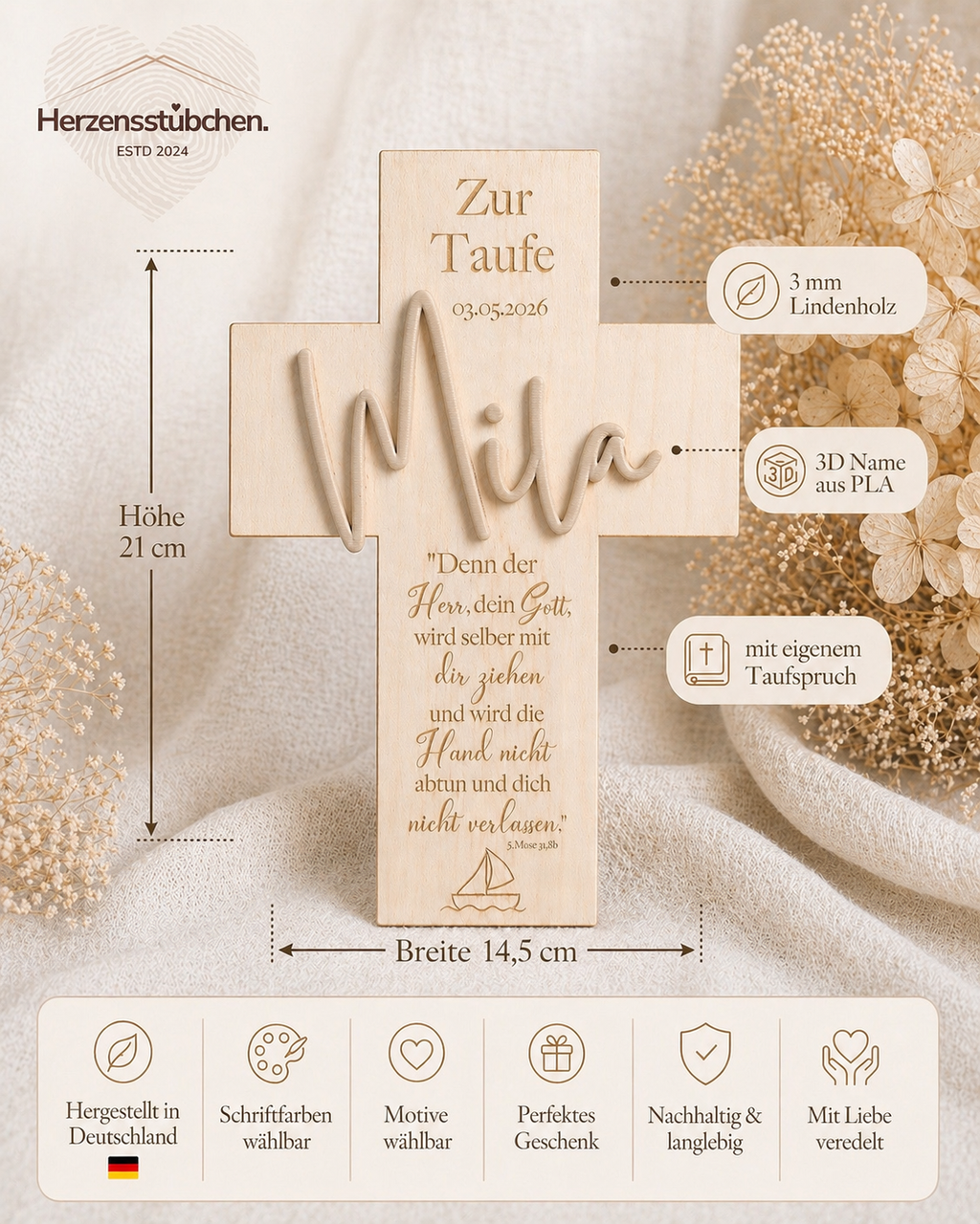 Personalisiertes Holzkreuz mit 3D Namen – Segenskreuz zur Taufe, Kommunion & Konfirmation