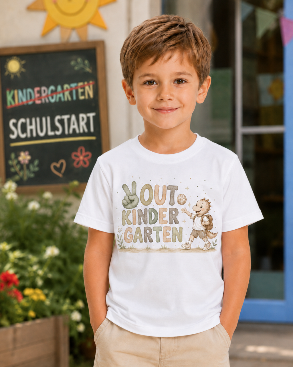 Weißes Kinder-T-Shirt mit VOUT KINDER GARTEN Motiv vor Schulstart Schild