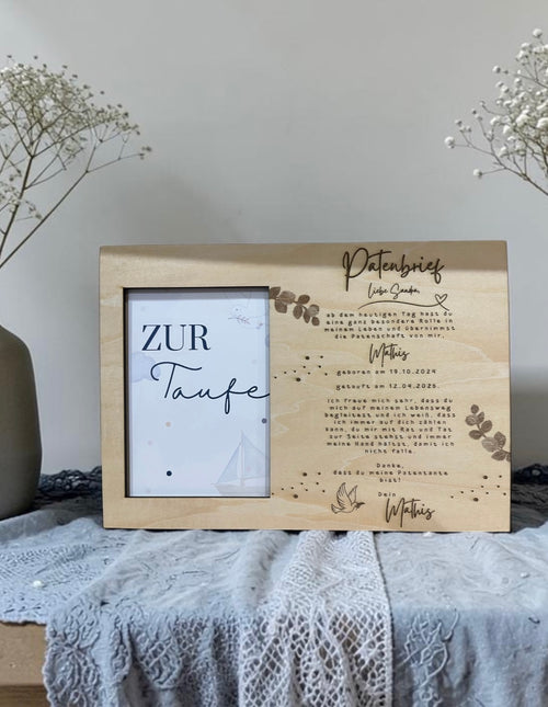 Patenbrief mit Fotorahmen aus Holz – 11 Motive zur Taufe