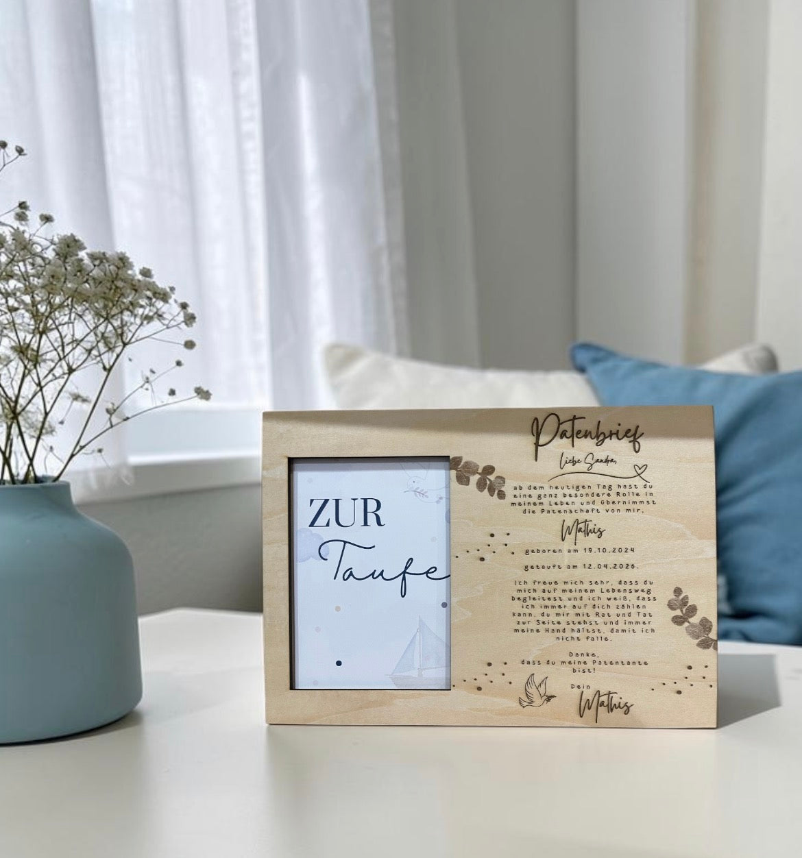 Patenbrief mit Fotorahmen zur Taufe – personalisiert aus Holz
