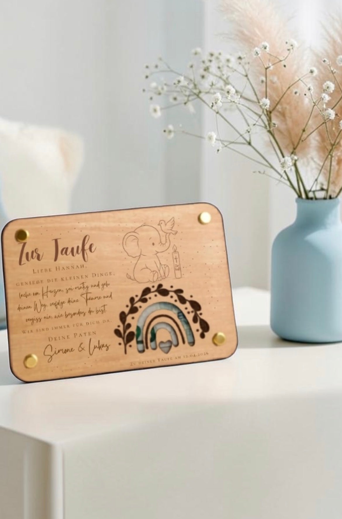 Personalisierter Patenbrief aus Holz zur Taufe mit integriertem Geldgeschenk