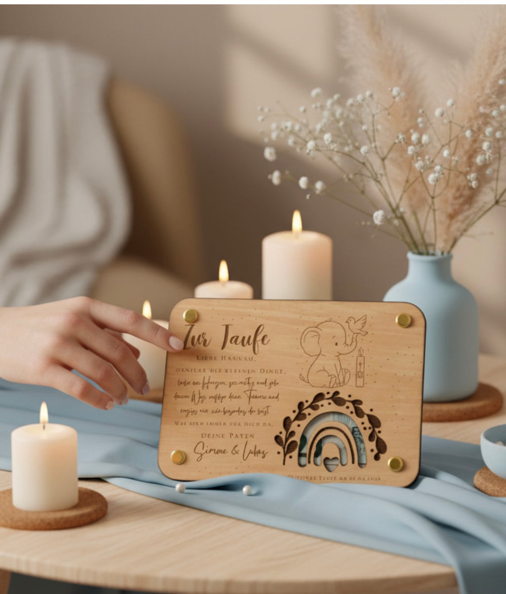 Personalisierter Patenbrief aus Holz zur Taufe mit integriertem Geldgeschenk