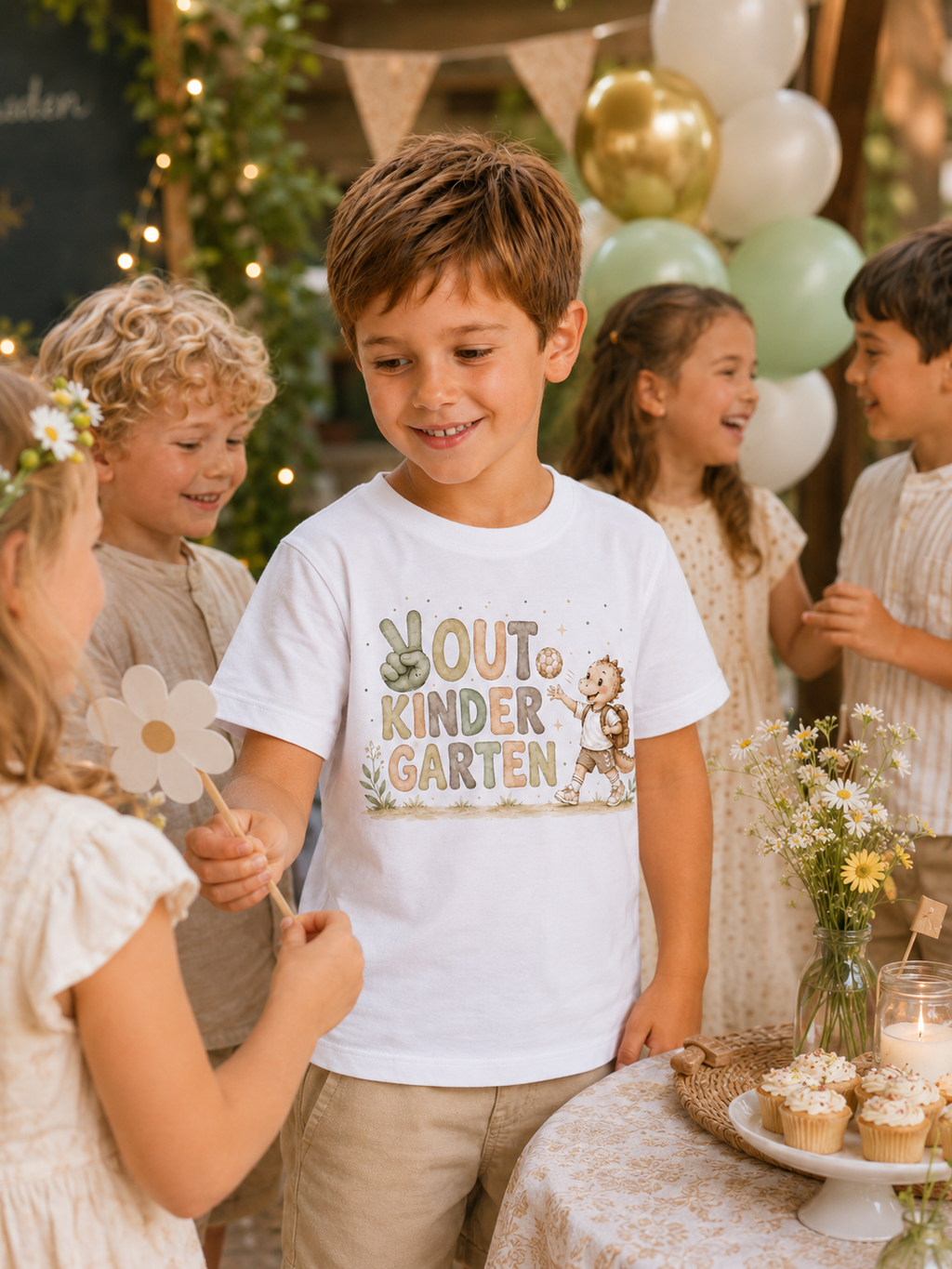 Junge trägt weißes Kinder-T-Shirt mit Out Kindergarten Motiv und spielt bei einer liebevoll dekorierten Kindergartenabschlussfeier mit anderen Kindern