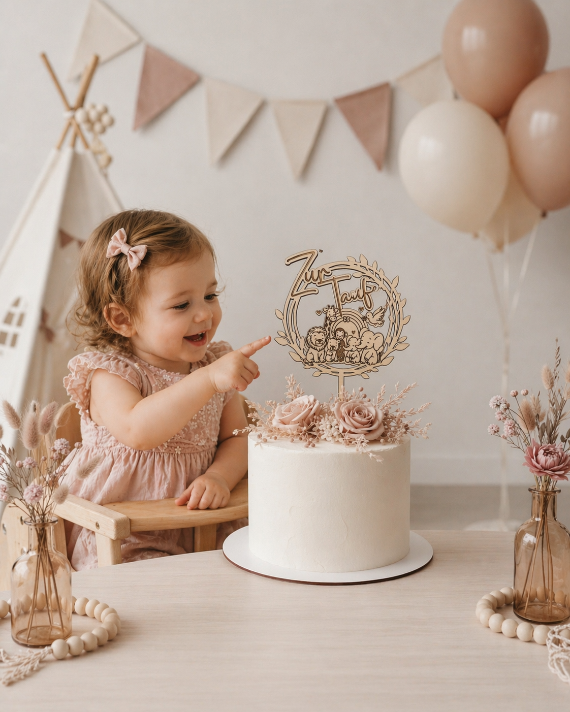 Caketopper Taufe aus Holz mit Tiermotiv – Tortendeko für Tauftorte Baby