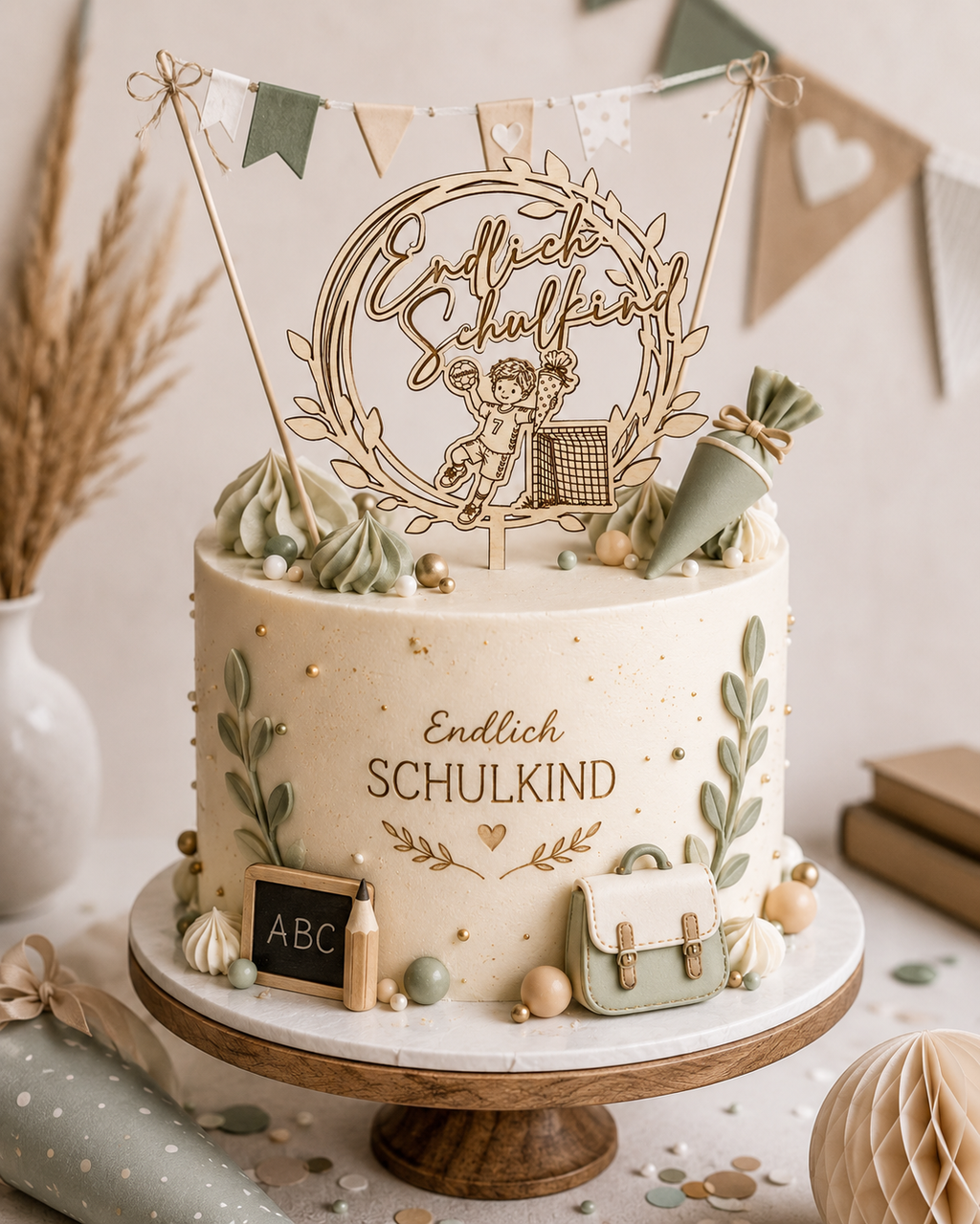 Caketopper Handball zur Einschulung – Endlich Schulkind aus Holz