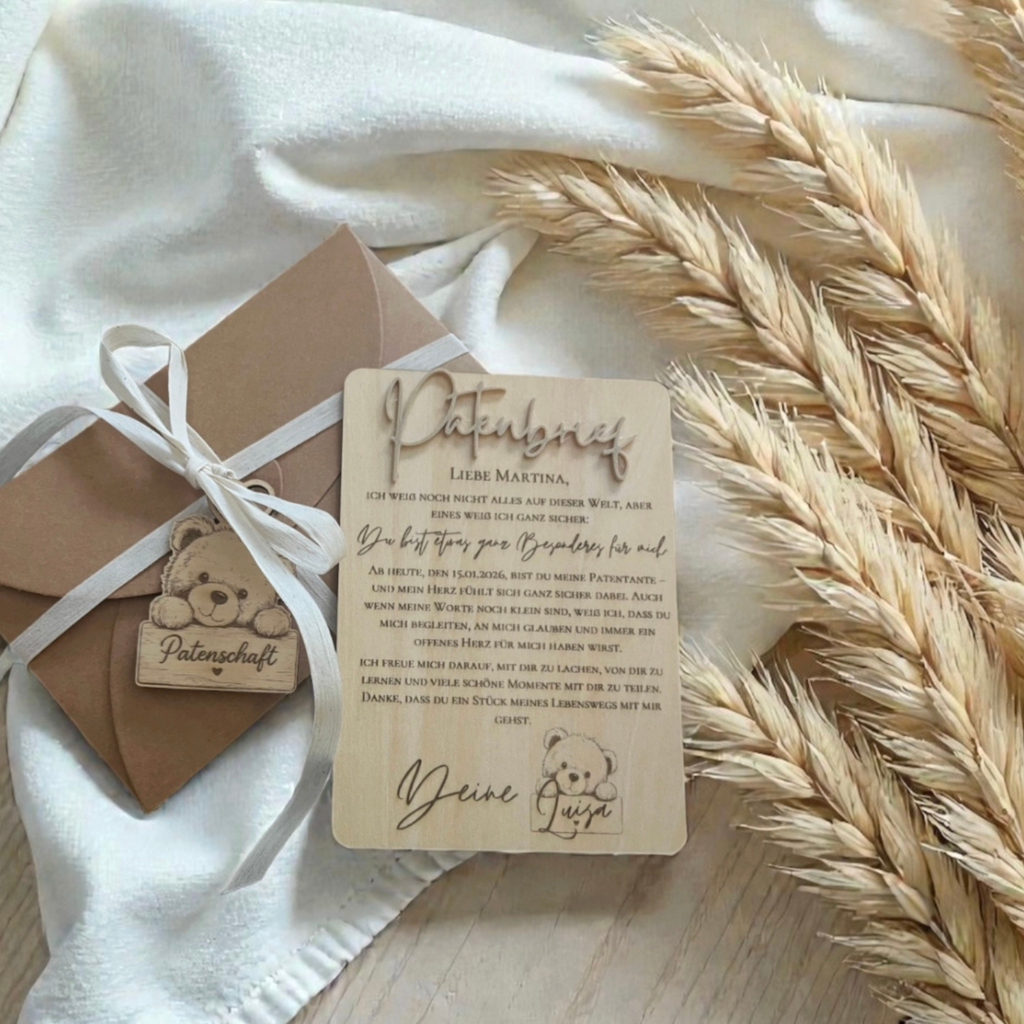 Personalisierter Patenbrief aus Holz  – Taufgeschenk mit 3D-Schrift