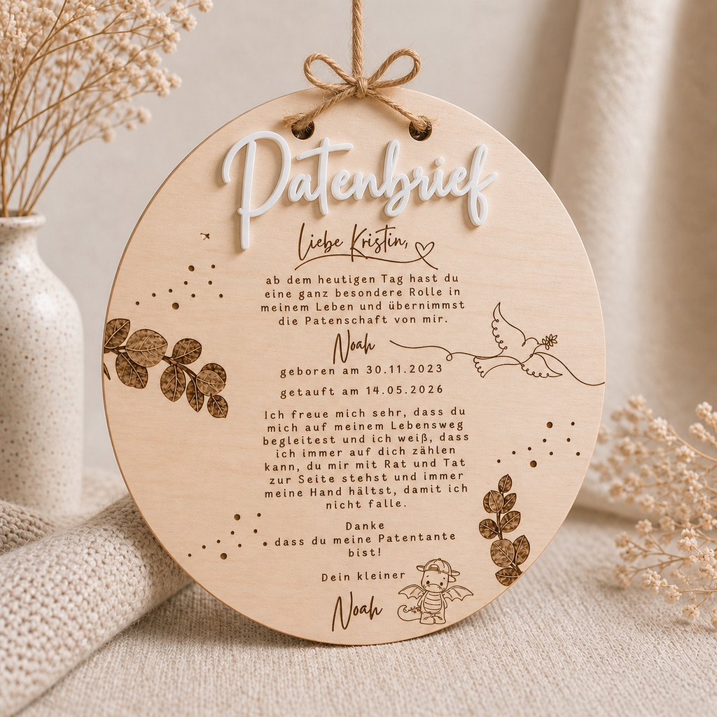 Personalisierter Patenbrief aus Holz rund mit Wunschmotiv, Gravur und 3D-Schrift. Ein liebevolles Geschenk zur Taufe, Erinnerung an die Patenschaft.