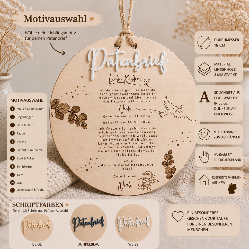 Patenbrief aus Lindenholz mit Gravur als Geschenk für Patentante oder PatenonkelMotivauswahl