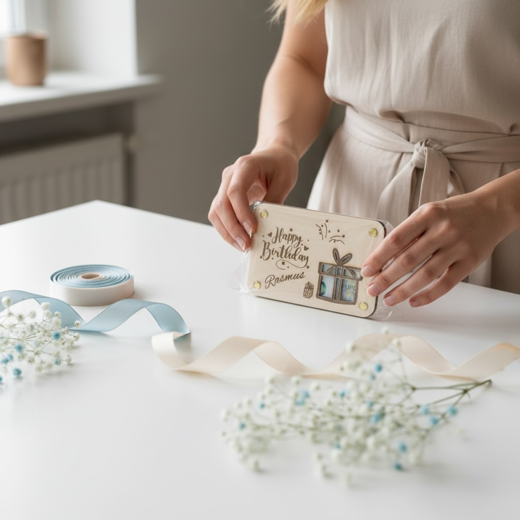 Geldgeschenk Geburtstag aus Holz – personalisiert mit Gravur