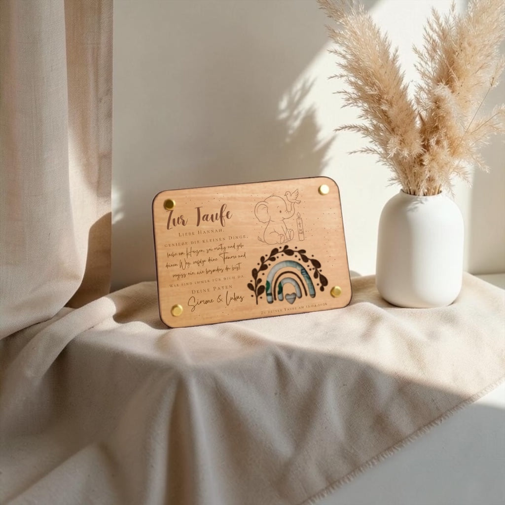 Personalisierter Patenbrief aus Holz zur Taufe mit integriertem Geldgeschenk