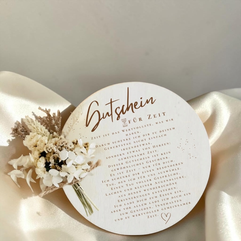 Zeit-Gutschein aus Holz mit Trockenblumen – liebevolles Geschenk für Mama, Papa, Freundin oder Freund