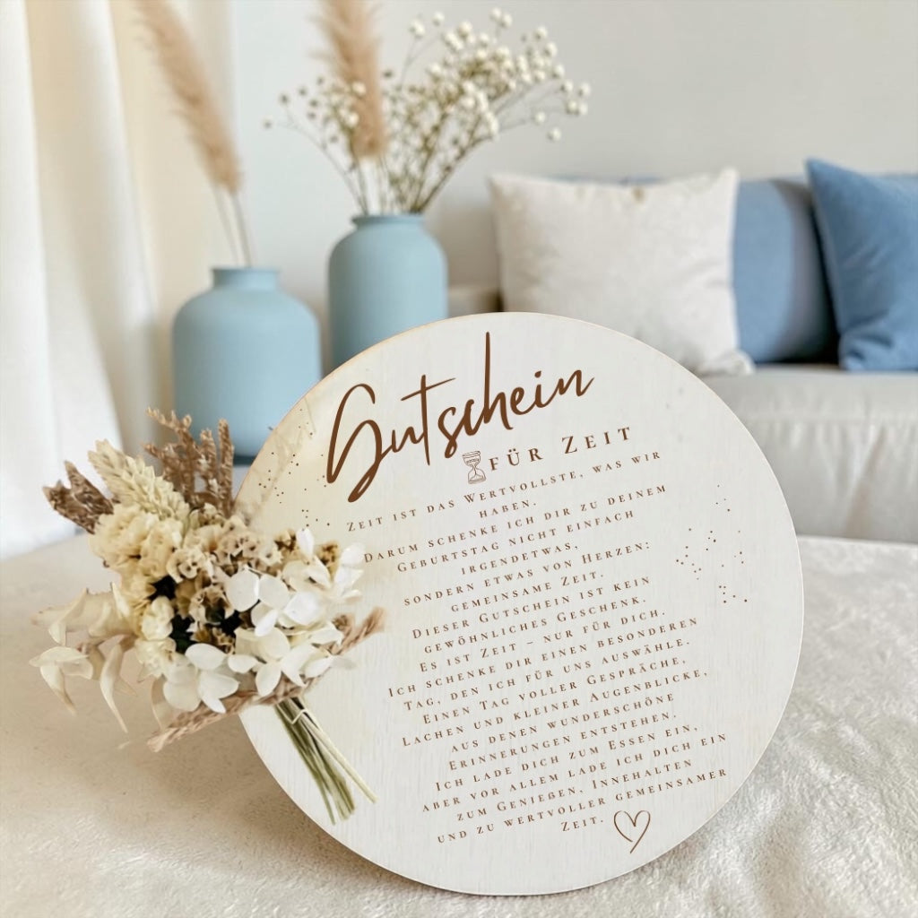 Zeit-Gutschein aus Holz mit Trockenblumen – liebevolles Geschenk für Mama, Papa, Freundin oder Freund