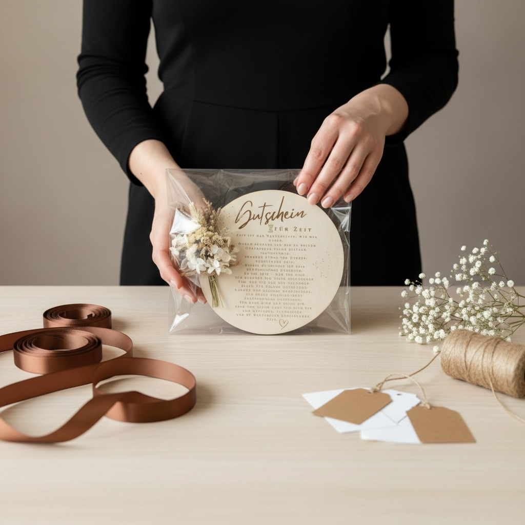 Zeit-Gutschein aus Holz mit Trockenblumen – liebevolles Geschenk für Mama, Papa, Freundin oder Freund