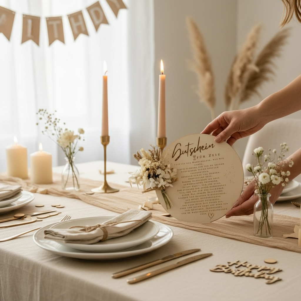 Zeit-Gutschein aus Holz mit Trockenblumen – liebevolles Geschenk für Mama, Papa, Freundin oder Freund