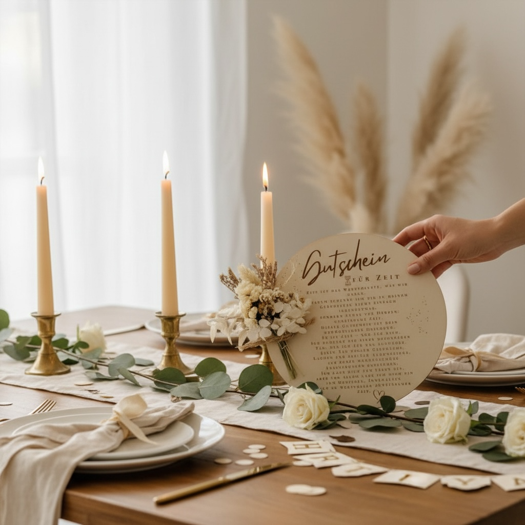 Zeit-Gutschein aus Holz mit Trockenblumen – liebevolles Geschenk für Mama, Papa, Freundin oder Freund