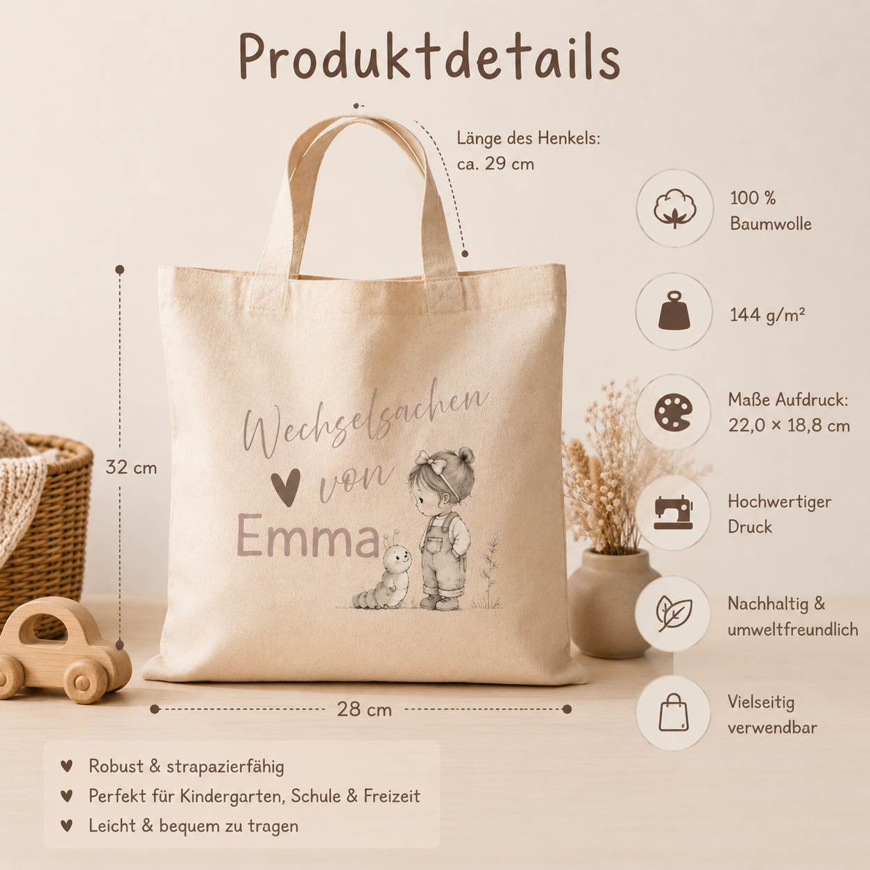 Personalisierter Kinderbeutel mit Namen – Baumwollbeutel für Kindergarten, Schule und Freizeit