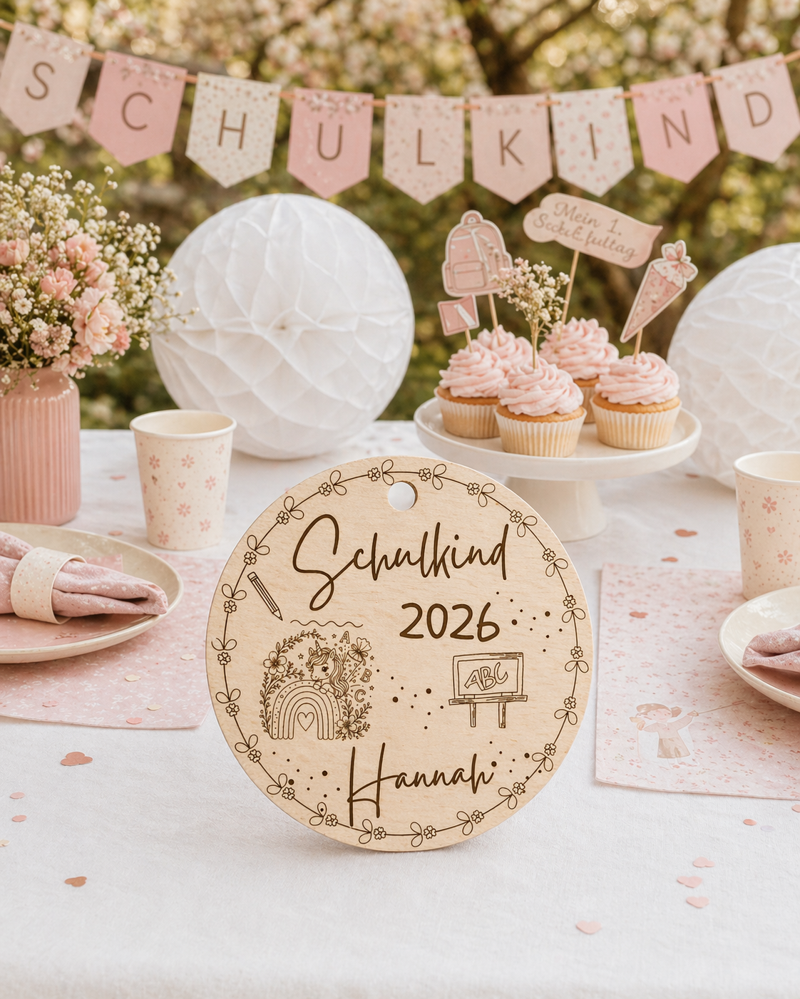 Personalisierter Schultütenanhänger aus Holz – Schultütenschild zur Einschulung mit Wunschmotiv