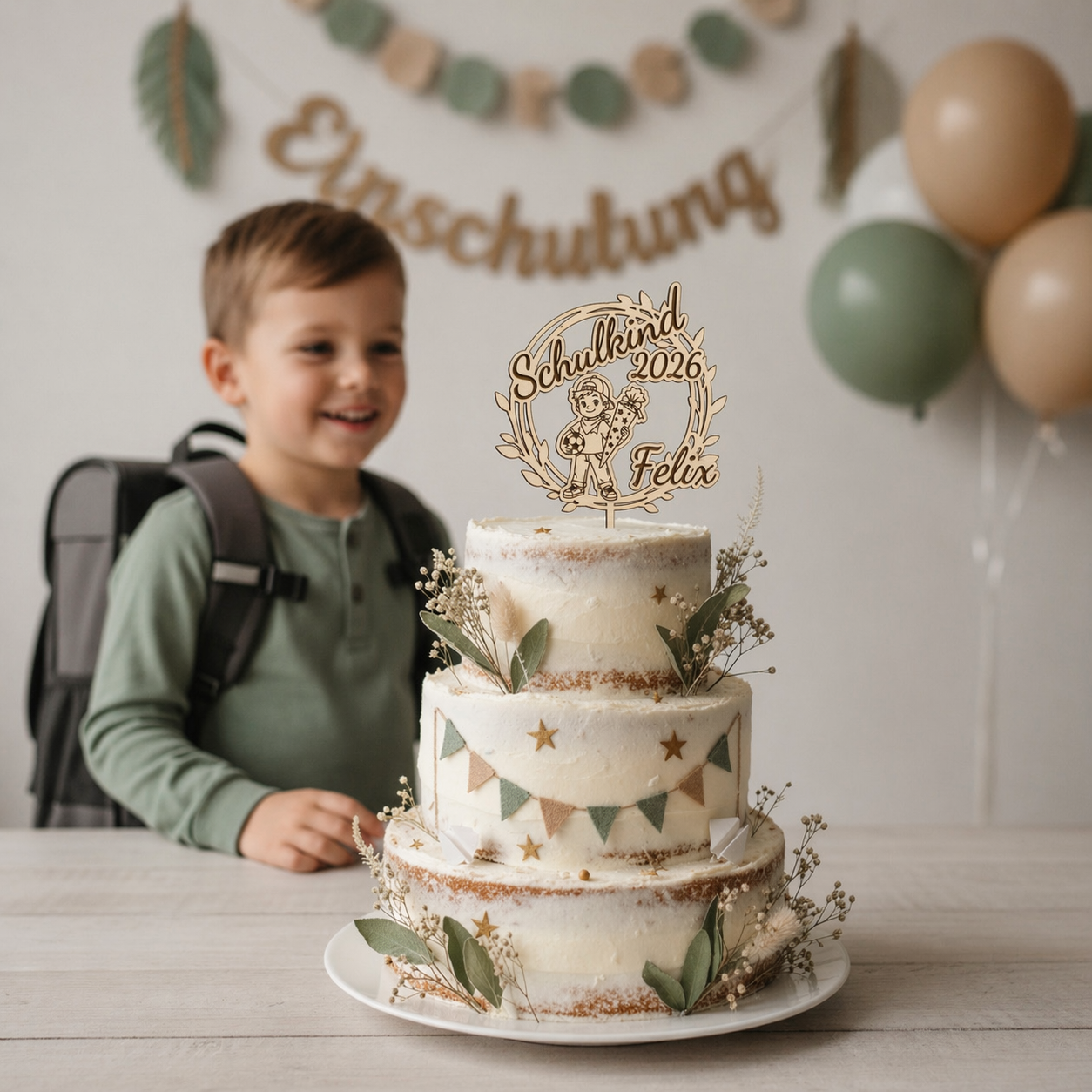 Caketopper Einschulung personalisiert aus Holz mit Name – Schulkind 2026