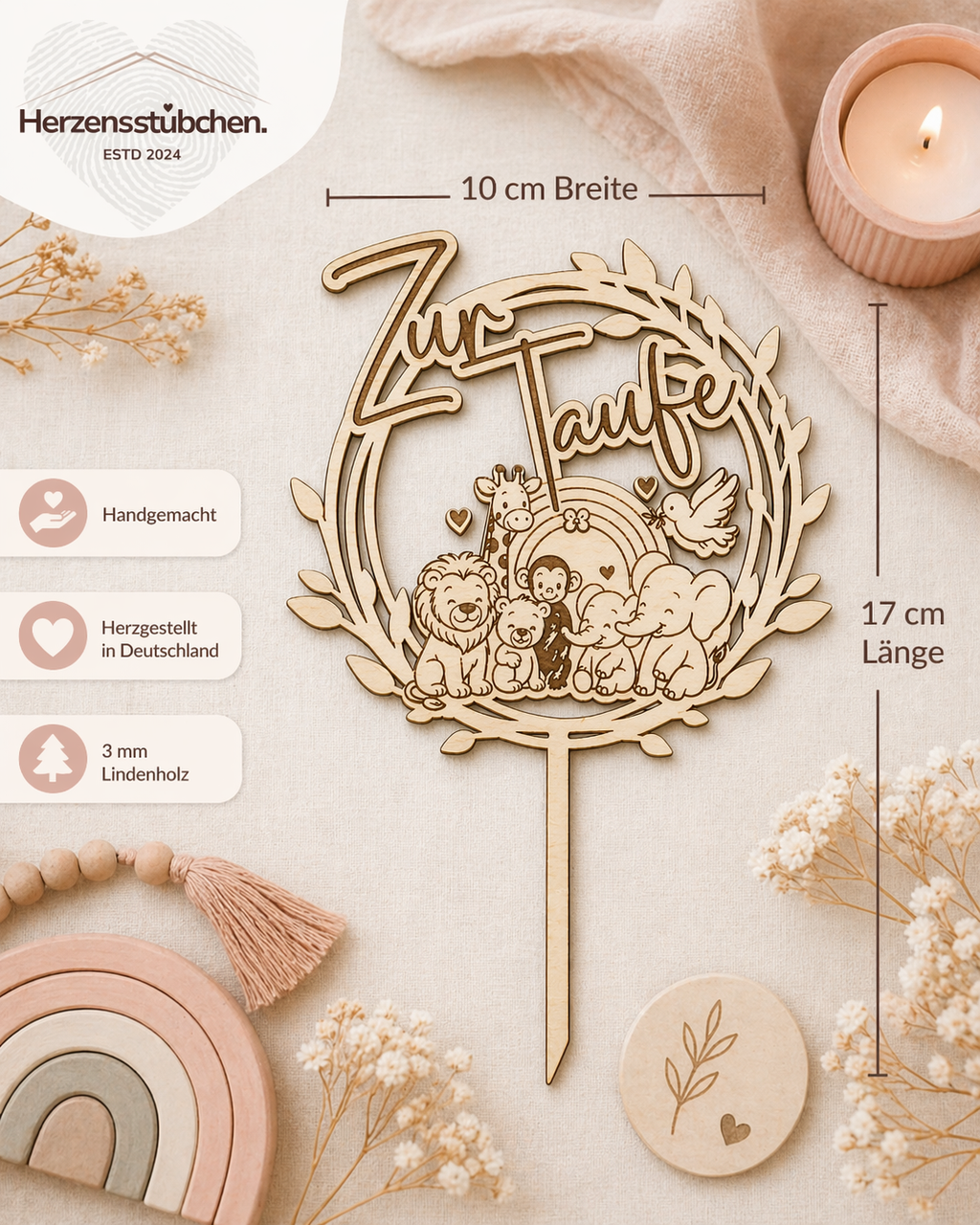 Caketopper Taufe aus Holz mit Tiermotiv – Tortendeko für Tauftorte Baby