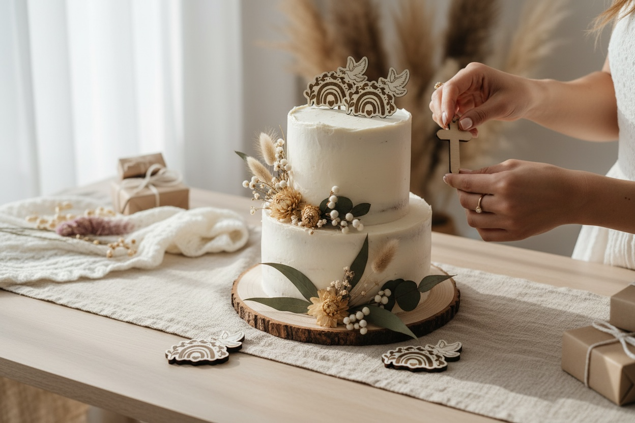 Tischdeko Taufe Regenbogen mit Taube aus Holz – Streudeko im Boho-Stil
