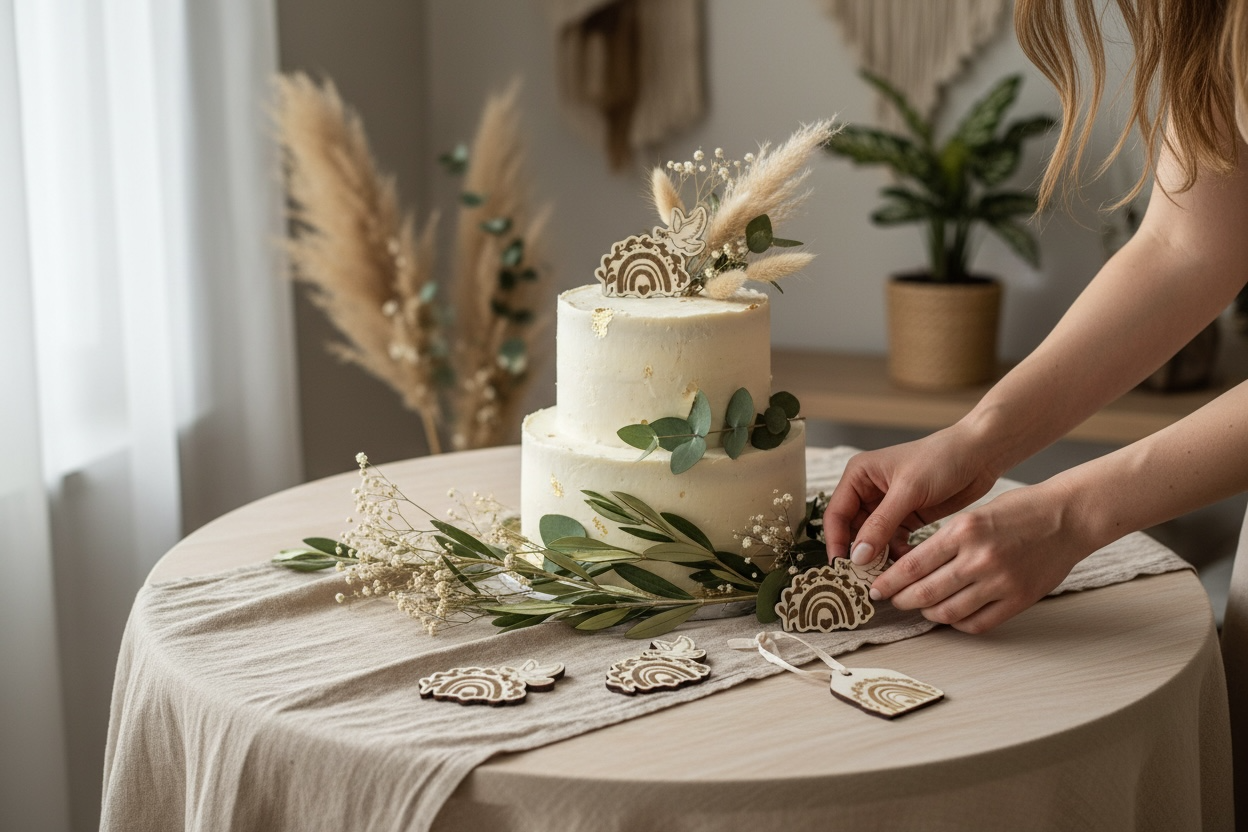 Tischdeko Taufe Regenbogen mit Taube aus Holz – Streudeko im Boho-Stil