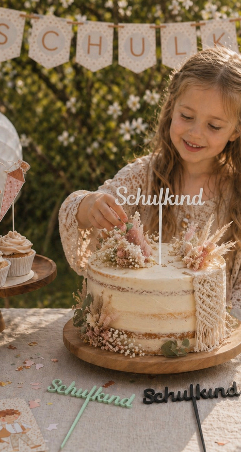 Weißer Schulkind Caketopper auf Torte zur Einschulung mit Mädchen bei der Feier